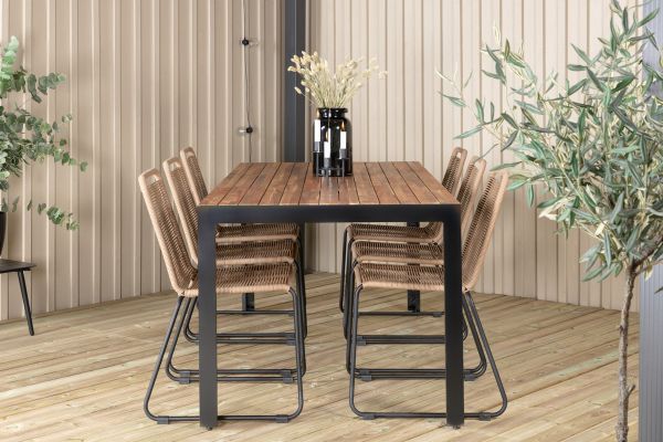 Imagine Masa de dining Bois 205*90cm - Picioare negre / Acacia + Scaun empilabil Lindos - Aluminiu Negru / Sfoara Latte_6