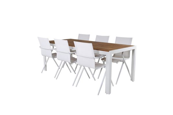 Imagine Masa de dining Bois 205*90cm - Aluminiu alb / Acacia +6 scaune de dining Alina - Aluminiu alb / Textilene alb