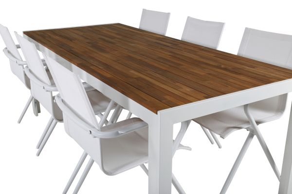 Imagine Masa de dining Bois 205*90cm - Aluminiu alb / Acacia +6 scaune de dining Alina - Aluminiu alb / Textilene alb