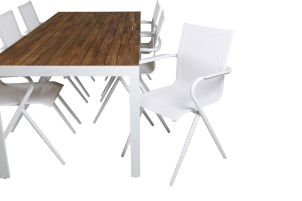 Imagine Masa de dining Bois 205*90cm - Aluminiu alb / Acacia +6 scaune de dining Alina - Aluminiu alb / Textilene alb