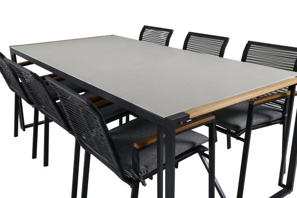 Imagine Masa de dining Texas 200*100 - Aluminiu negru / Teak / Pietre gri spray + 6 scaune de dining Dallas