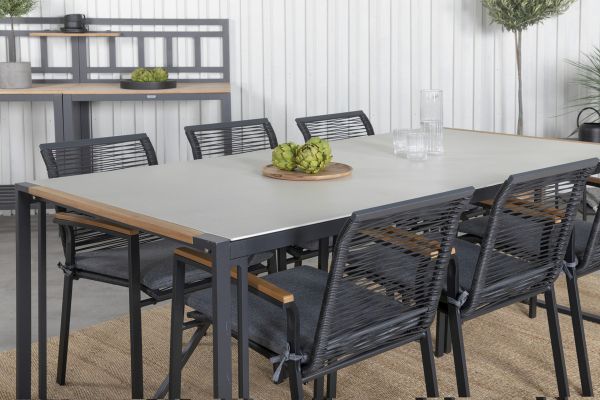 Imagine Masa de dining Texas 200*100 - Aluminiu negru / Teak / Pietre gri spray + 6 scaune de dining Dallas