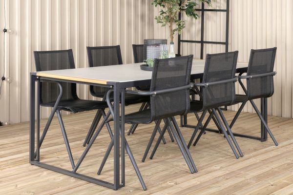 Imagine Masa de dining Texas 200*100 - Alu negru / Teak / Piatra gri spray+6 scaune de dining Alina - Alu negru / Textilene negru