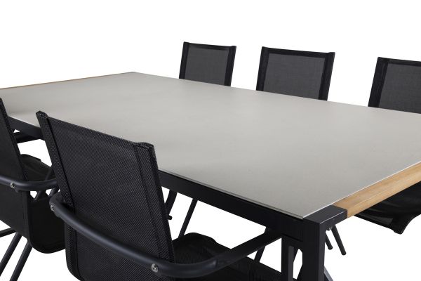 Imagine Masa de dining Texas 200*100 - Alu negru / Teak / Piatra gri spray+6 scaune de dining Alina - Alu negru / Textilene negru