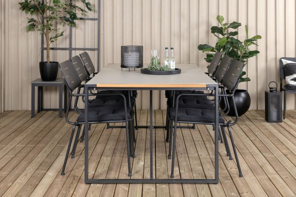 Imagine Masă de dining Texas 200*100 - Aluminiu Negru / Teak / Gri spray piatră + Scaun de dining cu brațe - Oțel Negru_6