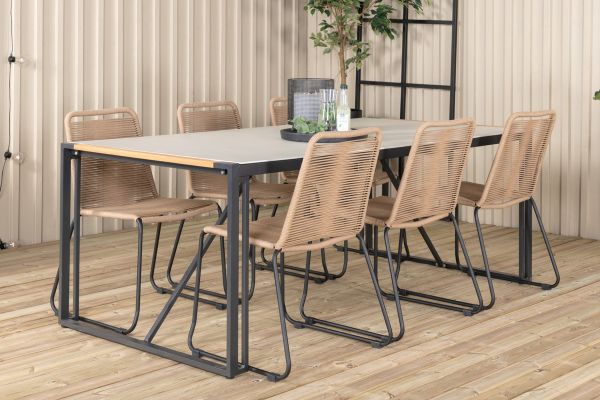 Imagine Masa de dining Texas 200*100 - Aluminiu negru / Teak / Piatra gri spray+ Scaun empilabil Lindos - Aluminiu negru / Sfoara latte_6