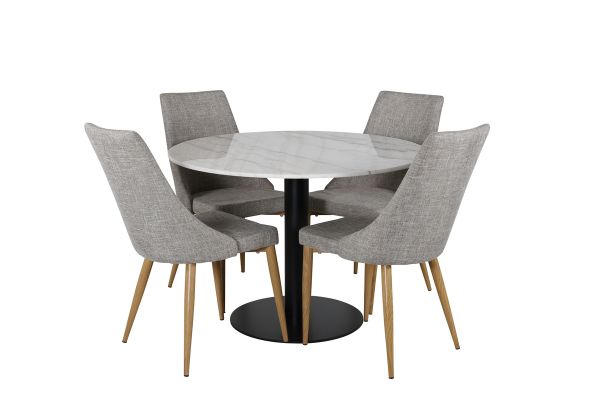 Imagine Masa de dining rotunda Estelle de 106cm, marmură albă / picioare negre + Leone - Scaun de dining - Stejar/Gri deschis _4