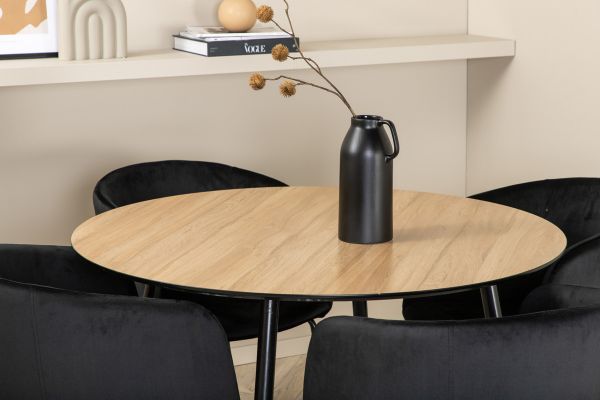 Imagine Masa de Dining Silar - Rotunda 100 cm - "Wood Look" Melamina / Picioare Negre + Scaun Berit - Negru / Catifea Neagra_4