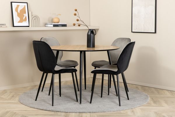 Imagine Masa de dining Silar - Rotunda 100 cm - "Look Lemn" Melamina / Picioare Negre + Scaun Emma - Negru / Negru si Gri deschis Catifea neagra in spate Gri deschis in fata_4