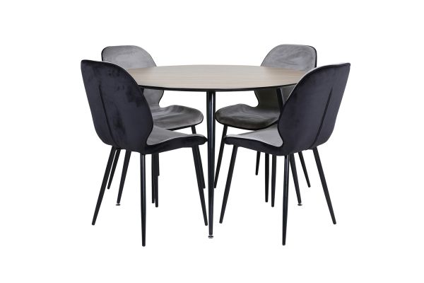 Imagine Masa de dining Silar - Rotunda 100 cm - "Look Lemn" Melamina / Picioare Negre + Scaun Emma - Negru / Negru si Gri deschis Catifea neagra in spate Gri deschis in fata_4