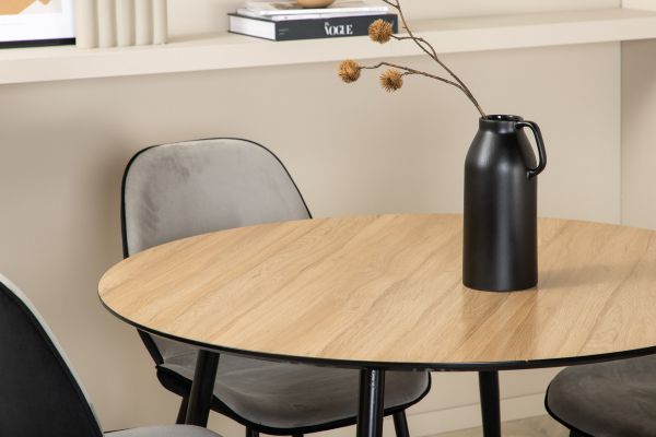 Imagine Masa de dining Silar - Rotunda 100 cm - "Look Lemn" Melamina / Picioare Negre + Scaun Emma - Negru / Negru si Gri deschis Catifea neagra in spate Gri deschis in fata_4