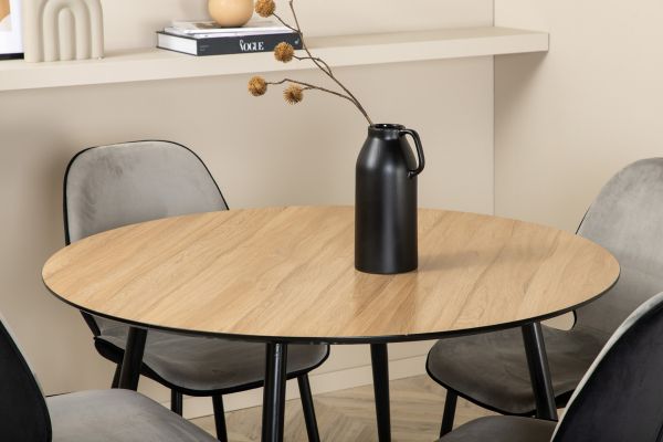 Imagine Masa de dining Silar - Rotunda 100 cm - "Look Lemn" Melamina / Picioare Negre + Scaun Emma - Negru / Negru si Gri deschis Catifea neagra in spate Gri deschis in fata_4