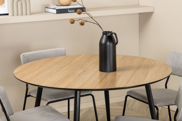 Imagine Masa de dining rotunda Silar - 100 cm - "Aspect Lemn" Melamina / Picioare Negre + Scaun Kenth - Negru / Catifea Gri deschis_4