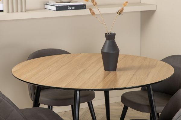 Imagine Masa de dining Silar - Rotundă 100 cm - "Aspect Lemn" Melamină / Picioare Negre+Scaun cu Stil Velur Gray - Negru / Microfibră Gri_4