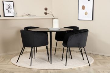 Imagine Masa de dining Silar - Rotundă 100 cm - Melamină neagră / Picioare negre + Scaun Berit - Negru / Catifea neagră_4