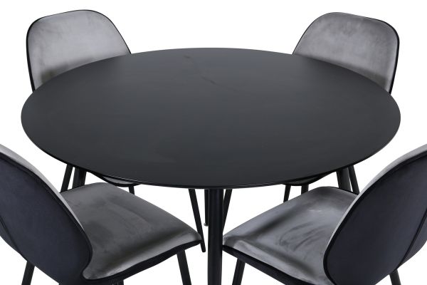 Imagine Masa de dining Silar - Rotundă 100 cm - Melamină neagră / Picioare negre + Scaun Emma - Negru / Negru și Gri deschis Catifea neagră în spate Grigie în față_4