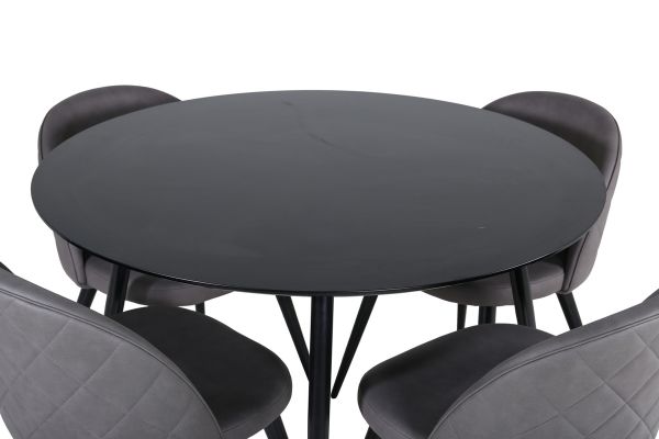 Imagine Masa de dining Silar - Rotundă 100 cm - Melamină neagră / Picioare negre + Scaun cu cusături de catifea - Negru / Microfibră gri_4