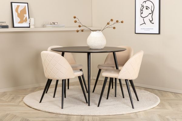 Imagine Masă de dining Silar - Rotundă 100 cm - Melamină neagră / Picioare negre + Scaun cu cusături de catifea - Negru / Catifea bej_4