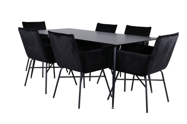 Imagine Vă rugăm să traduceți complet Tabelul de dining Silar - 180 cm - Melamină neagră / Picioare negre + Scaunul Petra - Negru / Catifea neagră_6