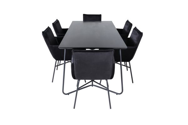 Imagine Vă rugăm să traduceți complet Tabelul de dining Silar - 180 cm - Melamină neagră / Picioare negre + Scaunul Petra - Negru / Catifea neagră_6