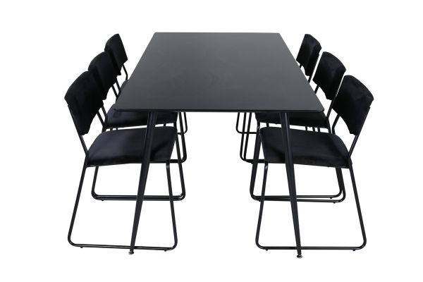 Imagine Masă de dining Silar - 180 cm - Melamină neagră / Picioare negre + Scaun Kenth - Negru / Catifea neagră_6