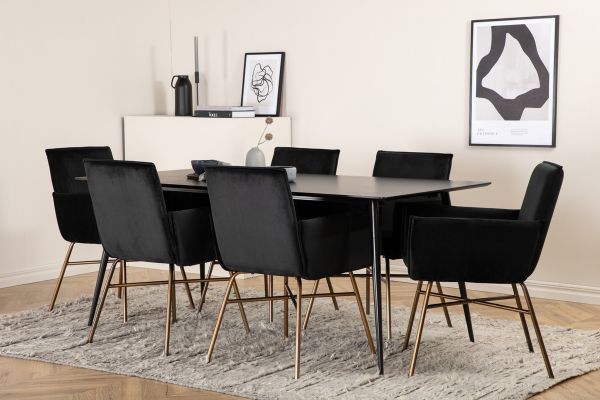 Imagine Masă de dining Silar - 180 cm - Black Melamine / Black Legs + Scaun Petra - Distressed Copper / Black Velvet_6