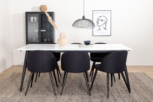 Imagine Masa de dining Jimmy, alb negru HPL + scaun de dining de catifea, picioare negre, material negru_6