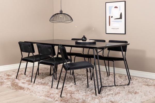 Imagine Masa de Dining Petra, Furnir Negru+6 Scaune Kenth, Catifea Neagra