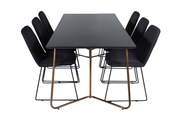 Imagine Masa de dining Petra, MDF negru cu furnir de cupru distorsionat + scaun de dining Muce, picioare negre, material negru_6