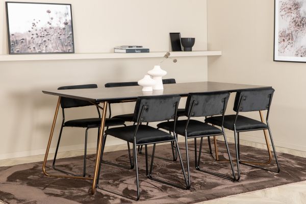 Imagine Masa de dining Petra, Cupru Distressed Black Veneer+Kenth Scaun, Negru Catifea Neagra_6