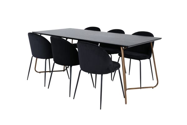 Imagine Masa de dining Petra, cupru patinat negru furnir+scrumiere Scaun de dining, picioare negre, catifea neagra_6