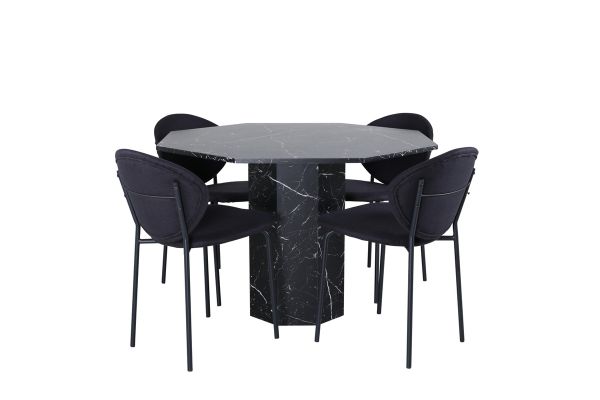 Imagine Masa de dining rotunda Marbs, sticla neagra marmura + Scaun de dining Vault, picioare negre, material negru_4