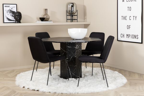 Imagine Masa de dining rotunda Marbs, sticla neagra marmura + scaun de dining Muce, picioare negre, material textil negru_4