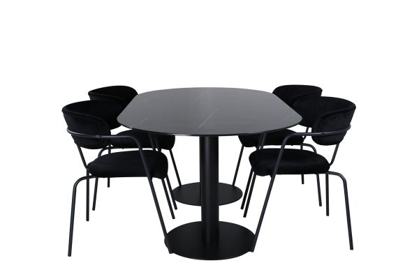 Imagine Please fully translate Pillan Oval Dining Table , Black Black Glass Marble+Arrow armchair , Black Legs , Black Velvet_4