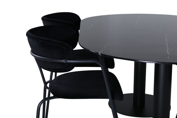 Imagine Please fully translate Pillan Oval Dining Table , Black Black Glass Marble+Arrow armchair , Black Legs , Black Velvet_4