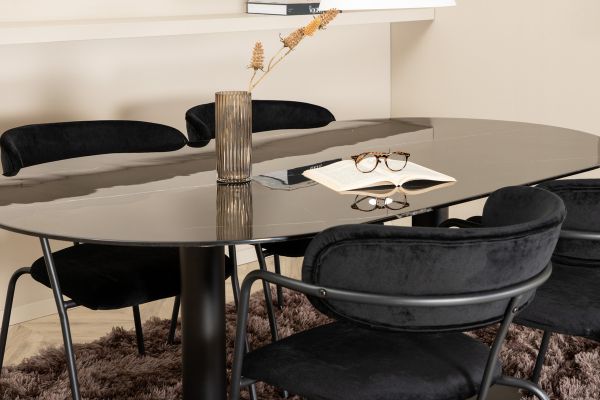 Imagine Please fully translate Pillan Oval Dining Table , Black Black Glass Marble+Arrow armchair , Black Legs , Black Velvet_4