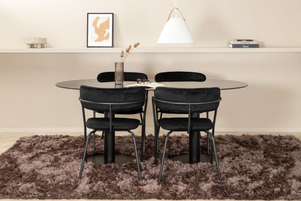 Imagine Please fully translate Pillan Oval Dining Table , Black Black Glass Marble+Arrow armchair , Black Legs , Black Velvet_4