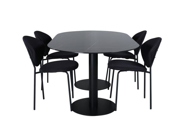 Imagine Masa de dining ovala Pillan, negru sticla marmura + scaun de dining Vault, picioare negre, material negru_4