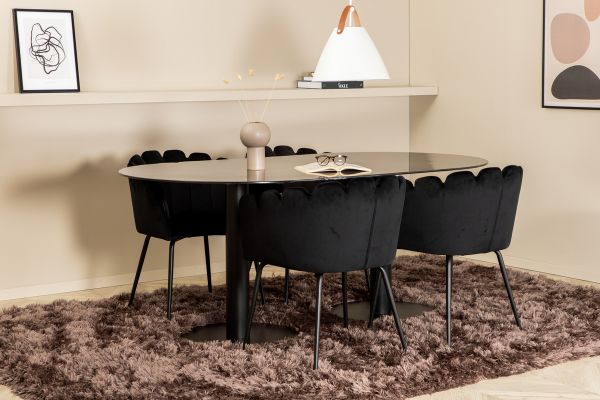 Imagine Masa de dining ovala Pillan, sticla neagra marmura + Limhamn, scaun, catifea neagra_4