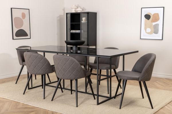 Imagine Masa de dining Leif, sticla neagra fumurie + scaune cu cusaturi din catifea, negru gri microfibră_6