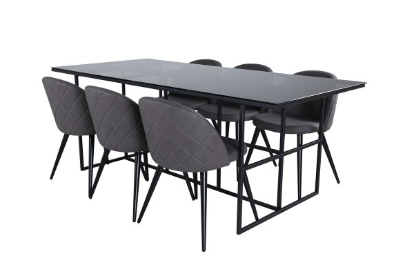 Imagine Masa de dining Leif, sticla neagra fumurie + scaune cu cusaturi din catifea, negru gri microfibră_6