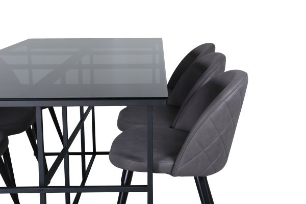 Imagine Masa de dining Leif, sticla neagra fumurie + scaune cu cusaturi din catifea, negru gri microfibră_6