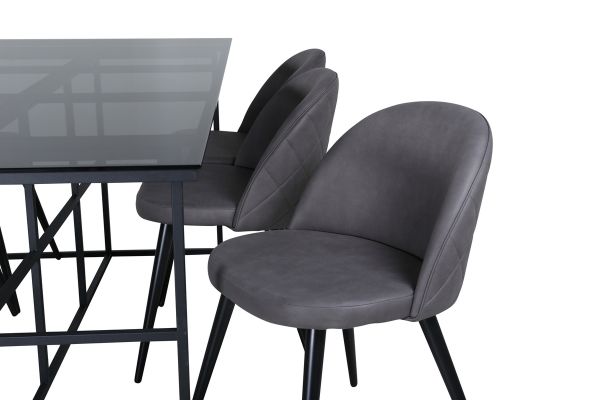 Imagine Masa de dining Leif, sticla neagra fumurie + scaune cu cusaturi din catifea, negru gri microfibră_6