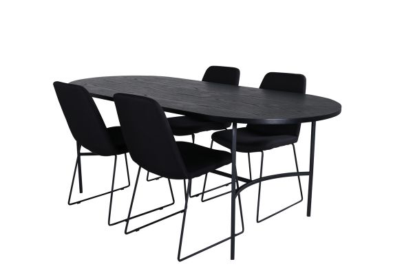 Imagine Masa de dining ovala Skate, furnir negru + 4 scaune de dining Muce, picioare negre, material textil negru