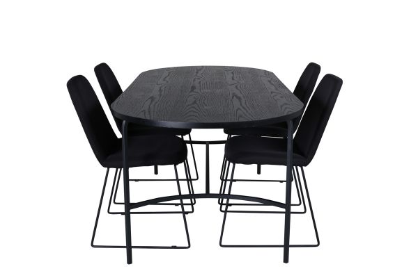 Imagine Masa de dining ovala Skate, furnir negru + 4 scaune de dining Muce, picioare negre, material textil negru