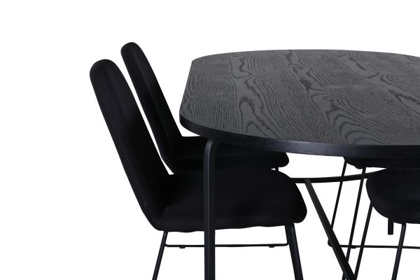 Imagine Masa de dining ovala Skate, furnir negru + 4 scaune de dining Muce, picioare negre, material textil negru