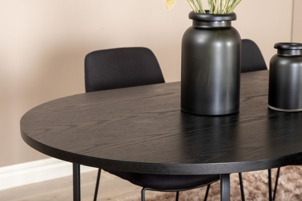 Imagine Masa de dining ovala Skate, furnir negru + 4 scaune de dining Muce, picioare negre, material textil negru