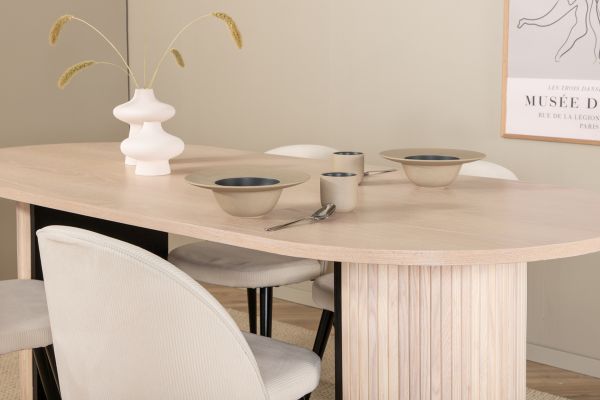 Imagine Masa de dining ovala Bianca, Alb Spalat Furnir Negru + Scaun de dining din catifea cu corduroy, Bej Negru_4