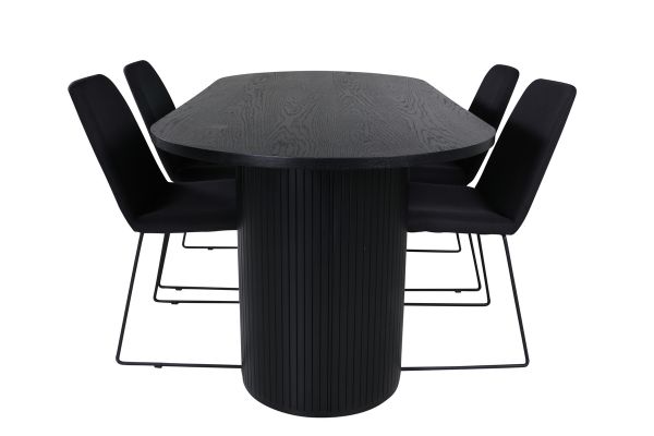 Imagine Masa de Dining ovala Bianca, Furnir Negru + 4 Scaune de Dining Muce, Picioare Negre, Material Negru