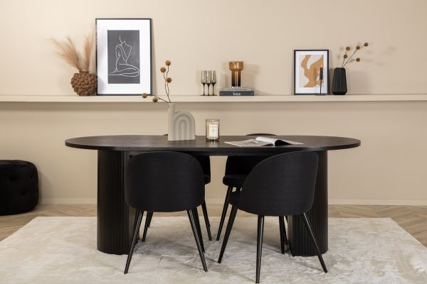 Imagine Masa de dining ovala Bianca, cu finisaj negru din furnir + scaun de dining din catifea, cu picioare negre, cu material textil negru_4